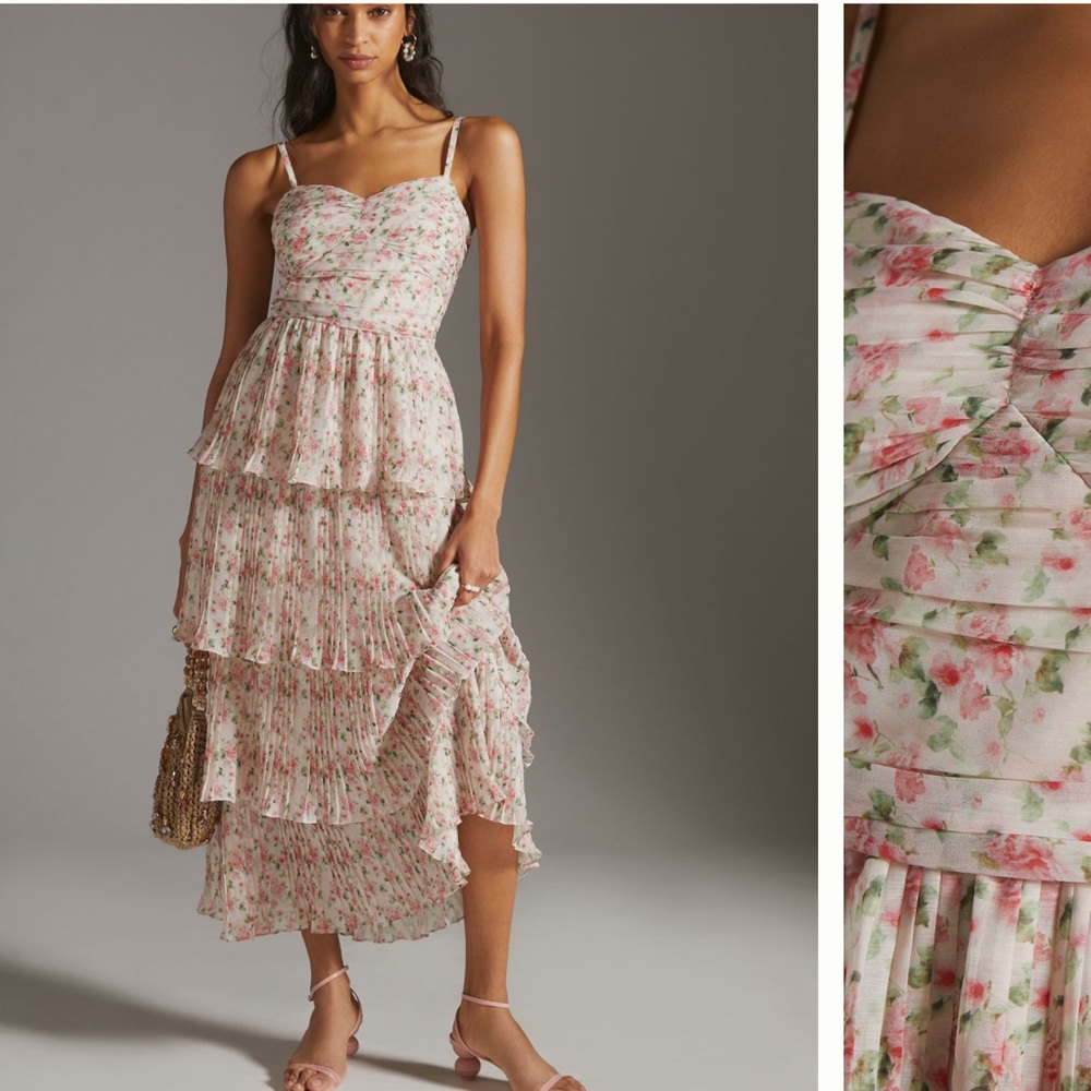 Anthropologie Floral Midi Dress - Pink and White